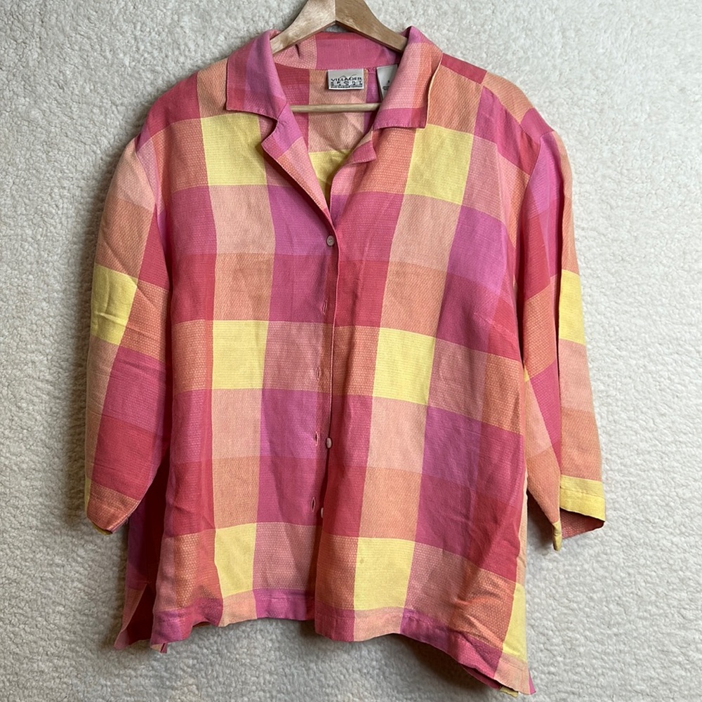 Villager Sport by Liz Claiborne Womens Pink Yellow Check Button Blouse 2X PLUS